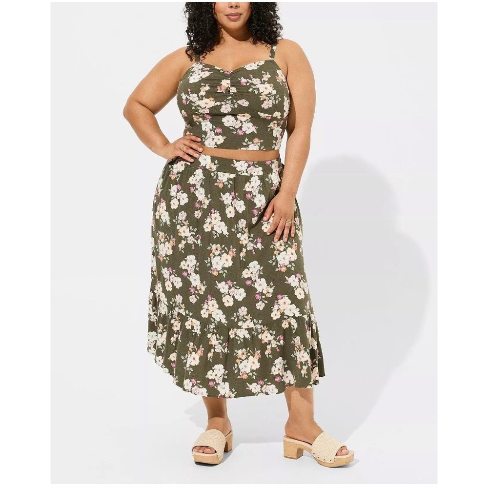 Torrid Floral Maxi Skirt Plus Size 3 Green Boho Ruffle Flowy Pockets